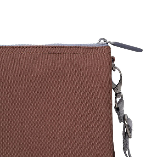 Roka Carnaby Crossbody XL bag in Coco recycled canvas, extra-large size, with zip closure and silver hardware.