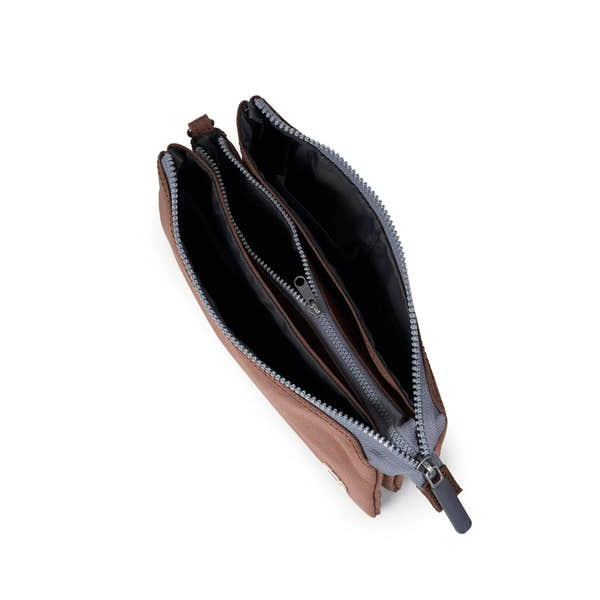 Roka Carnaby Crossbody XL bag in Coco recycled canvas, featuring spacious interior with multiple compartments and zipper closures.