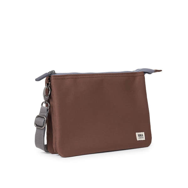 Roka Carnaby Crossbody XL bag in recycled canvas, brown color, with adjustable strap and silver hardware, large and eco-friendly.