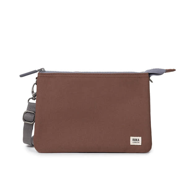 Roka Carnaby Crossbody XL Coco recycled canvas, extra large bag with adjustable strap and zip closure.