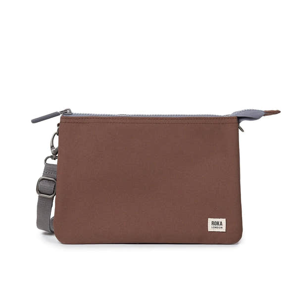 Roka Carnaby Crossbody XL Coco recycled canvas, extra large bag with adjustable strap and zip closure.