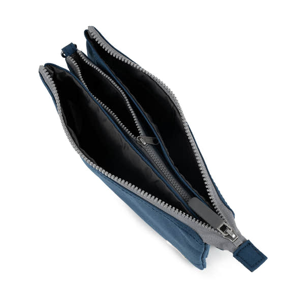 Roka Carnaby Crossbody XL in deep blue recycled canvas with multiple zip compartments and black interior.