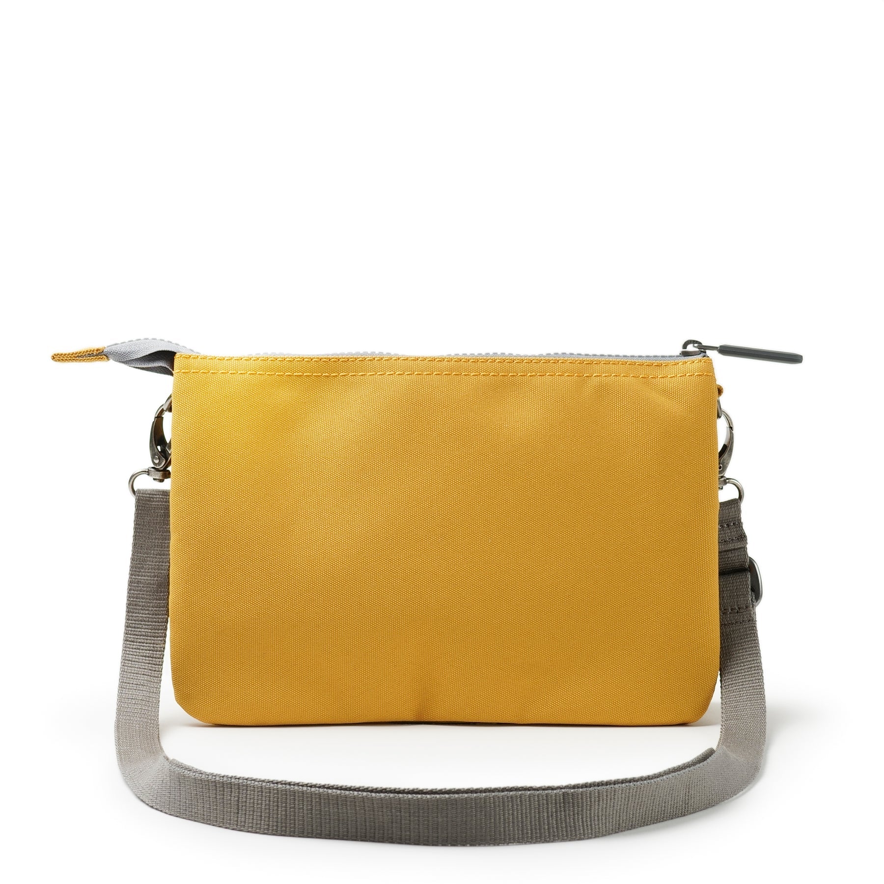 Roka Carnaby Crossbody XL bag in flax recycled canvas with gray strap and zip closure, stylish eco-friendly design.