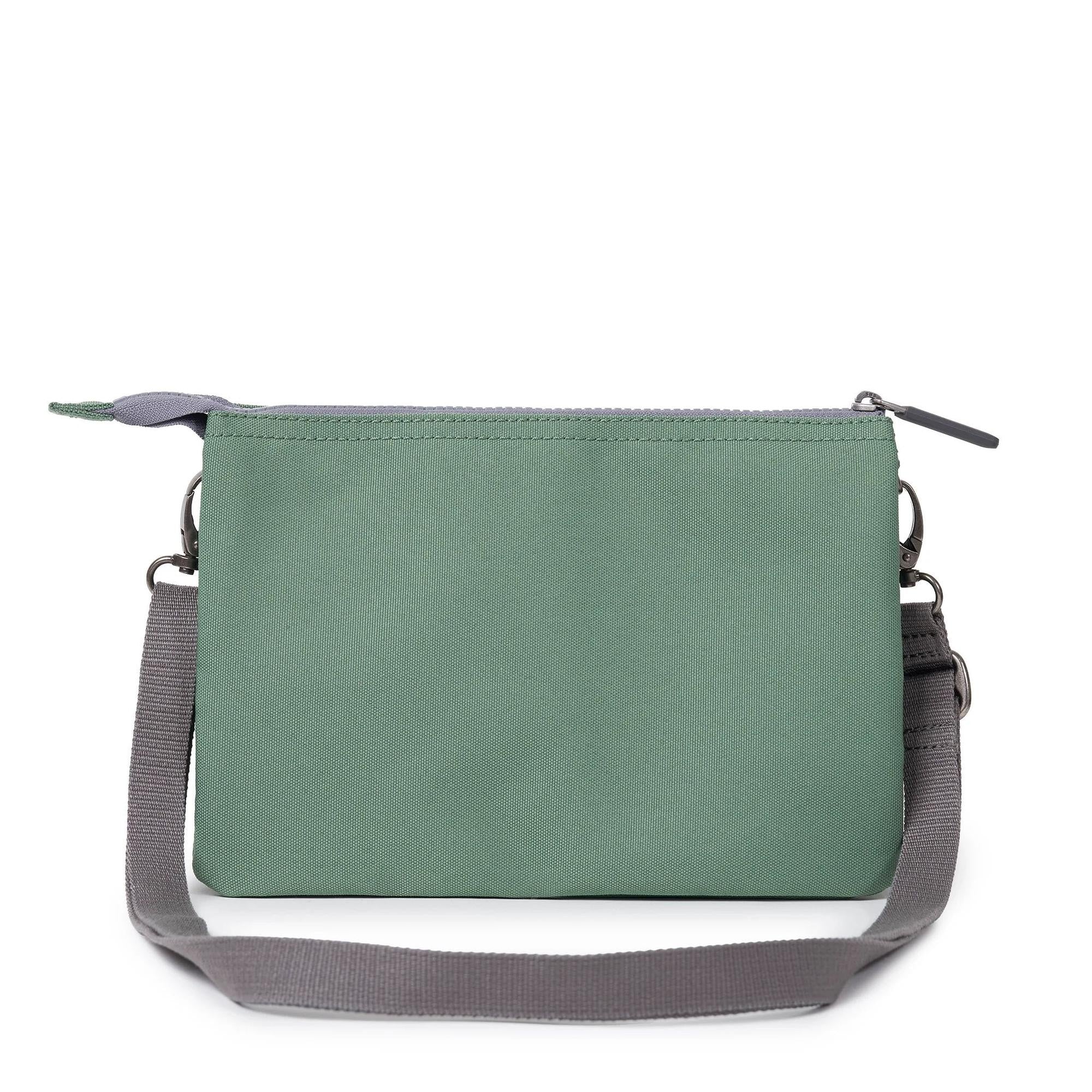 Roka Carnaby Crossbody XL in Frost recycled canvas, large size with adjustable gray strap and top zipper closure.