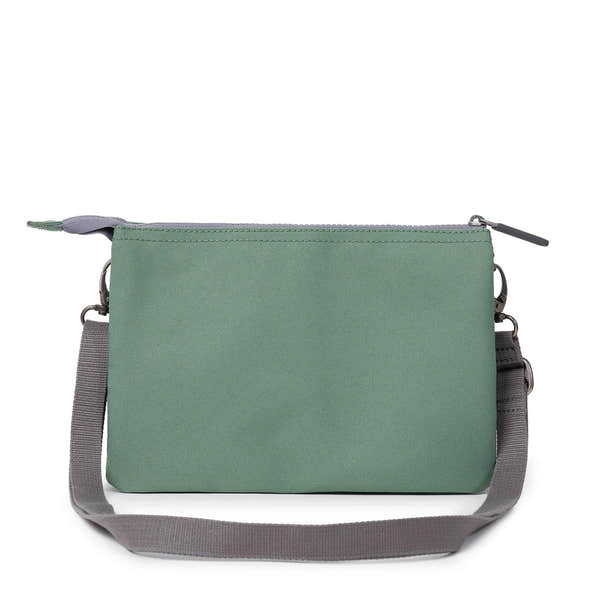Roka Carnaby Crossbody XL in Frost recycled canvas, large size with adjustable gray strap and top zipper closure.