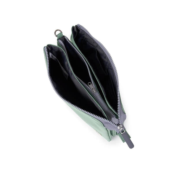 Roka Carnaby Crossbody XL bag in frost recycled canvas, with multiple compartments and zip closures, large and eco-friendly.