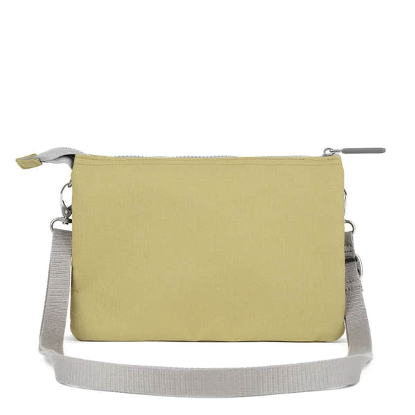 Roka Carnaby Crossbody XL Bag in khaki recycled canvas with adjustable strap and silver hardware.