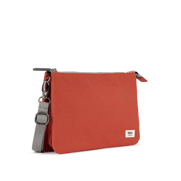 Roka Carnaby Crossbody XL bag in Rooibos recycled canvas, large size with adjustable gray strap and zip closure.