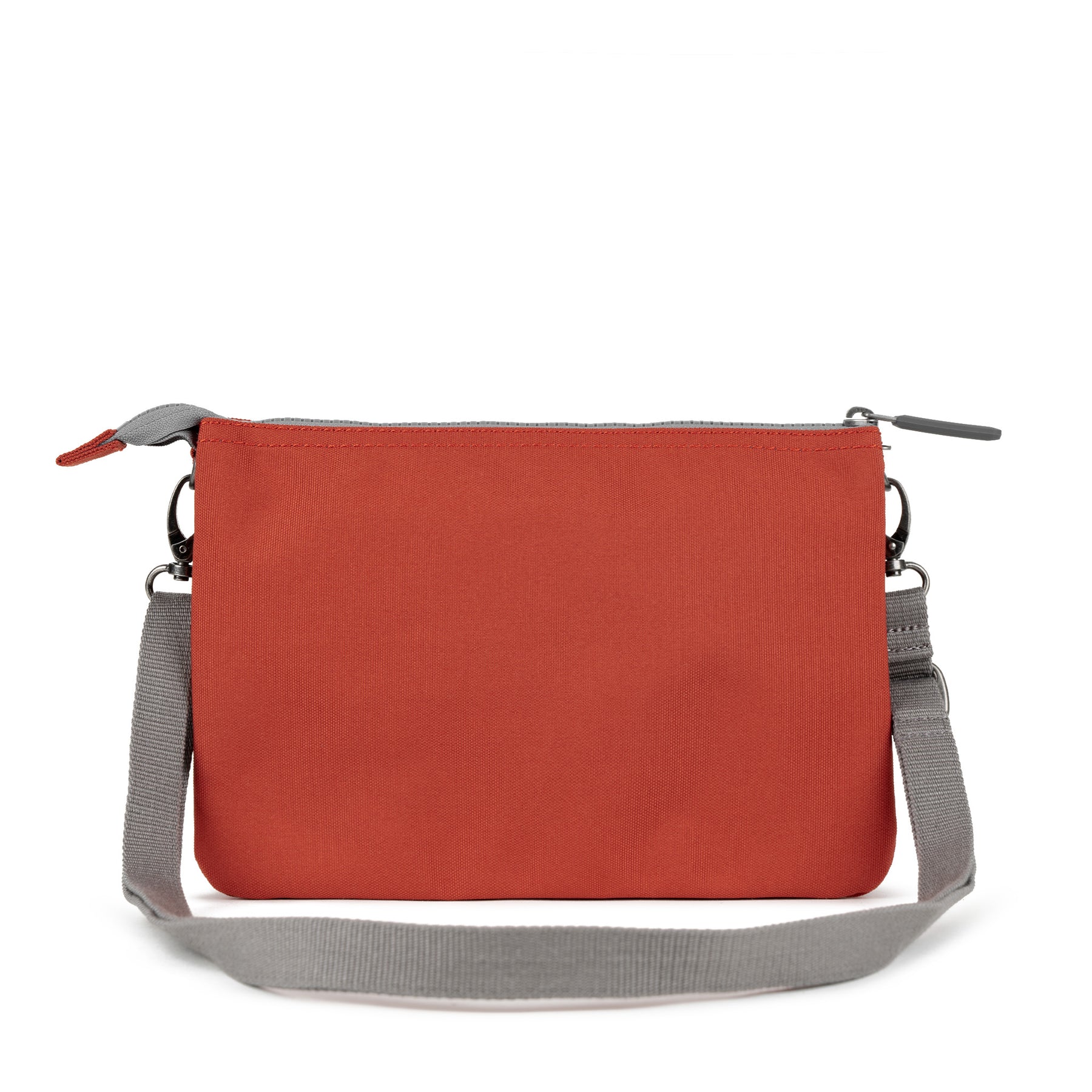 Roka Carnaby Crossbody XL bag in Rooibos recycled canvas with gray adjustable strap and zipper closure.