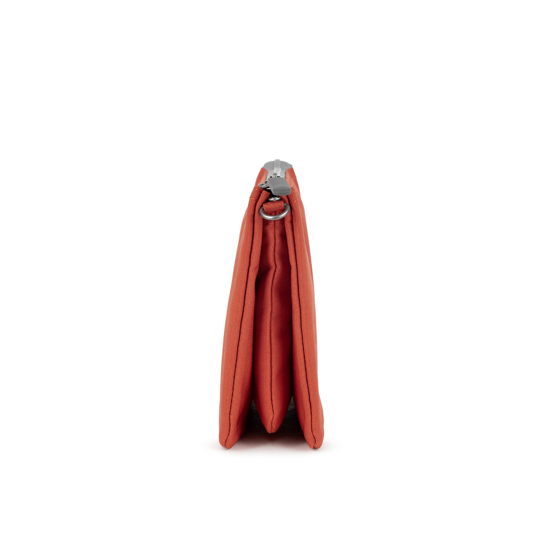 Roka Carnaby Crossbody XL bag in Rooibos recycled canvas, extra-large size, side view showing orange color and silver hardware.