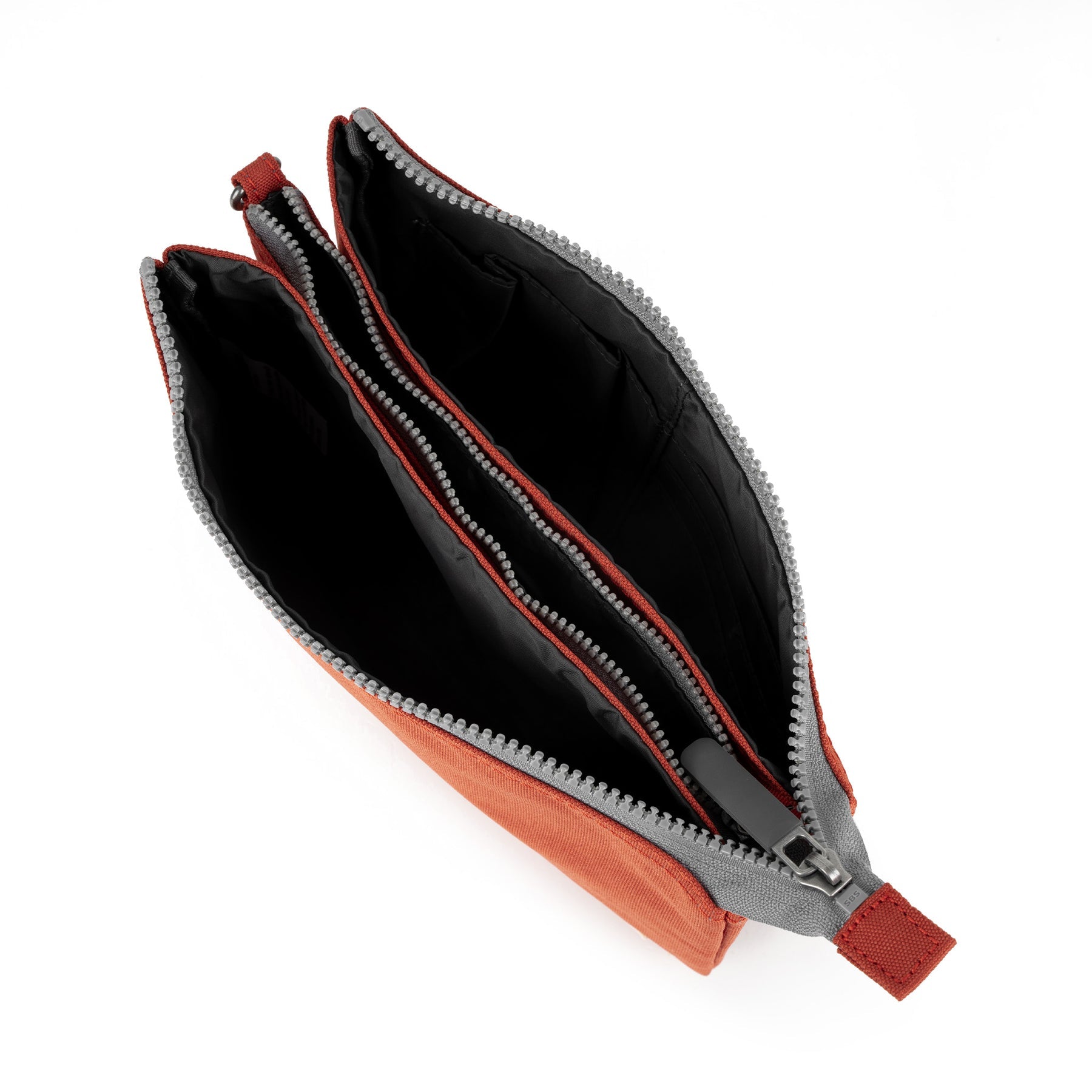 Roka Carnaby Crossbody XL in Rooibos recycled canvas, with multiple compartments, black interior, and grey and red accents.