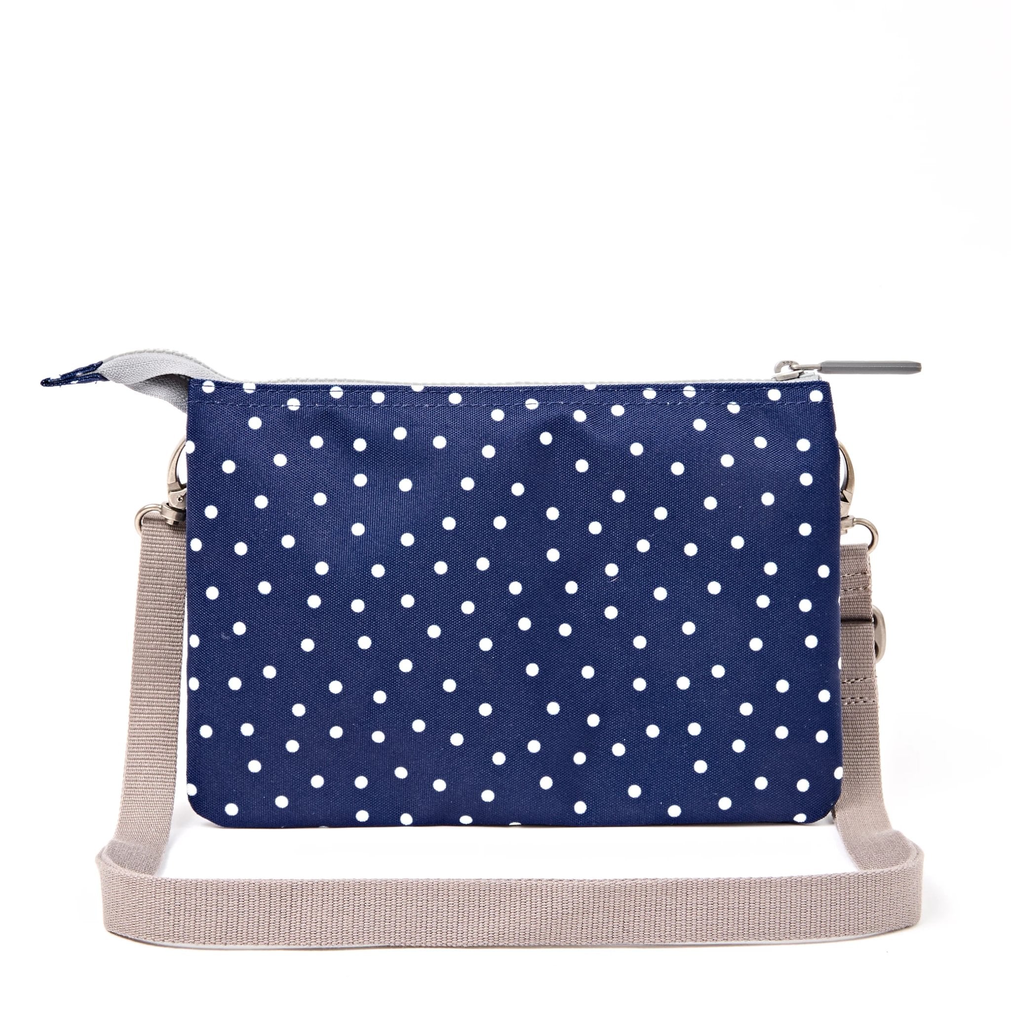 Roka Carnaby XL Navy Polka Dot Recycled Canvas Crossbody Bag, back view.