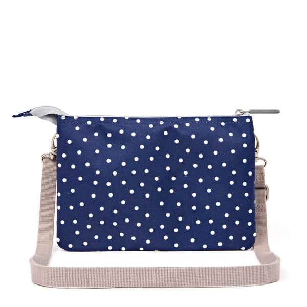 Roka Carnaby XL Navy Polka Dot Recycled Canvas Crossbody Bag, back view.