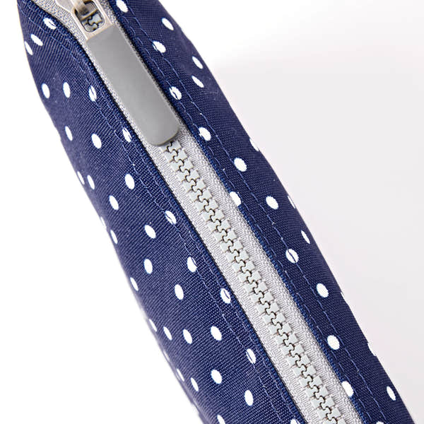 Roka Carnaby XL Navy Polka Dot Recycled Canvas Crossbody Bag, zip detail.