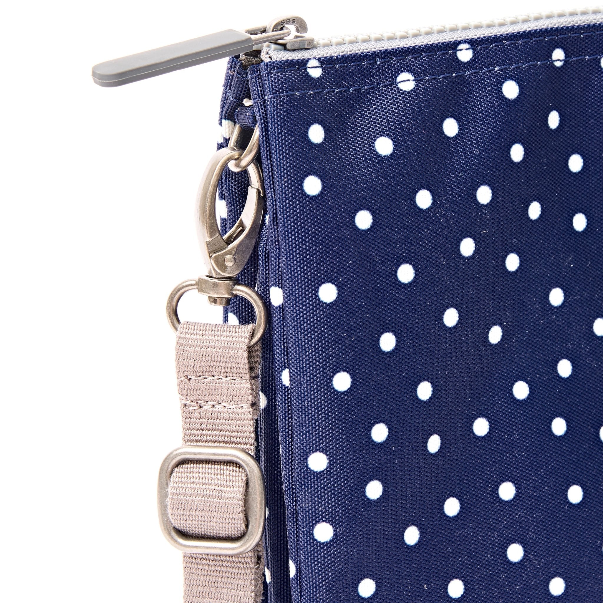 Roka Carnaby XL Navy Polka Dot Recycled Canvas Crossbody Bag, hardware detail.