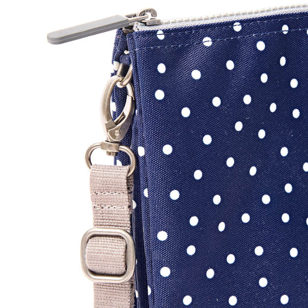 Roka Carnaby XL Navy Polka Dot Recycled Canvas Crossbody Bag, hardware detail.
