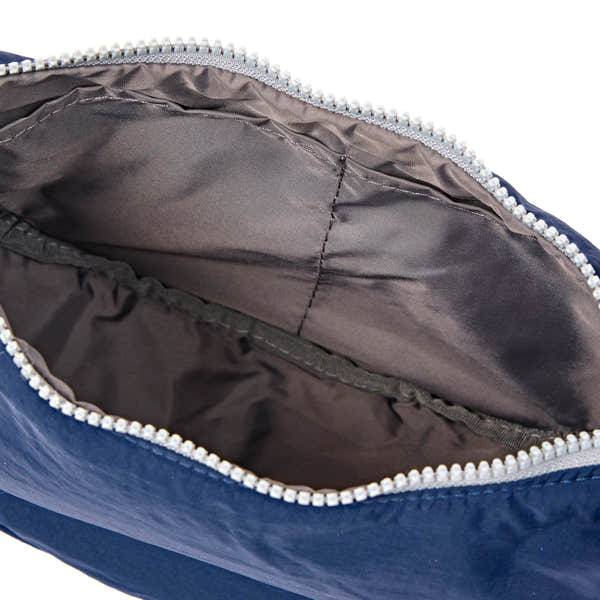 Roka Farringdon Deep Cobalt Recycled Taslon Half Moon Bag, side view.