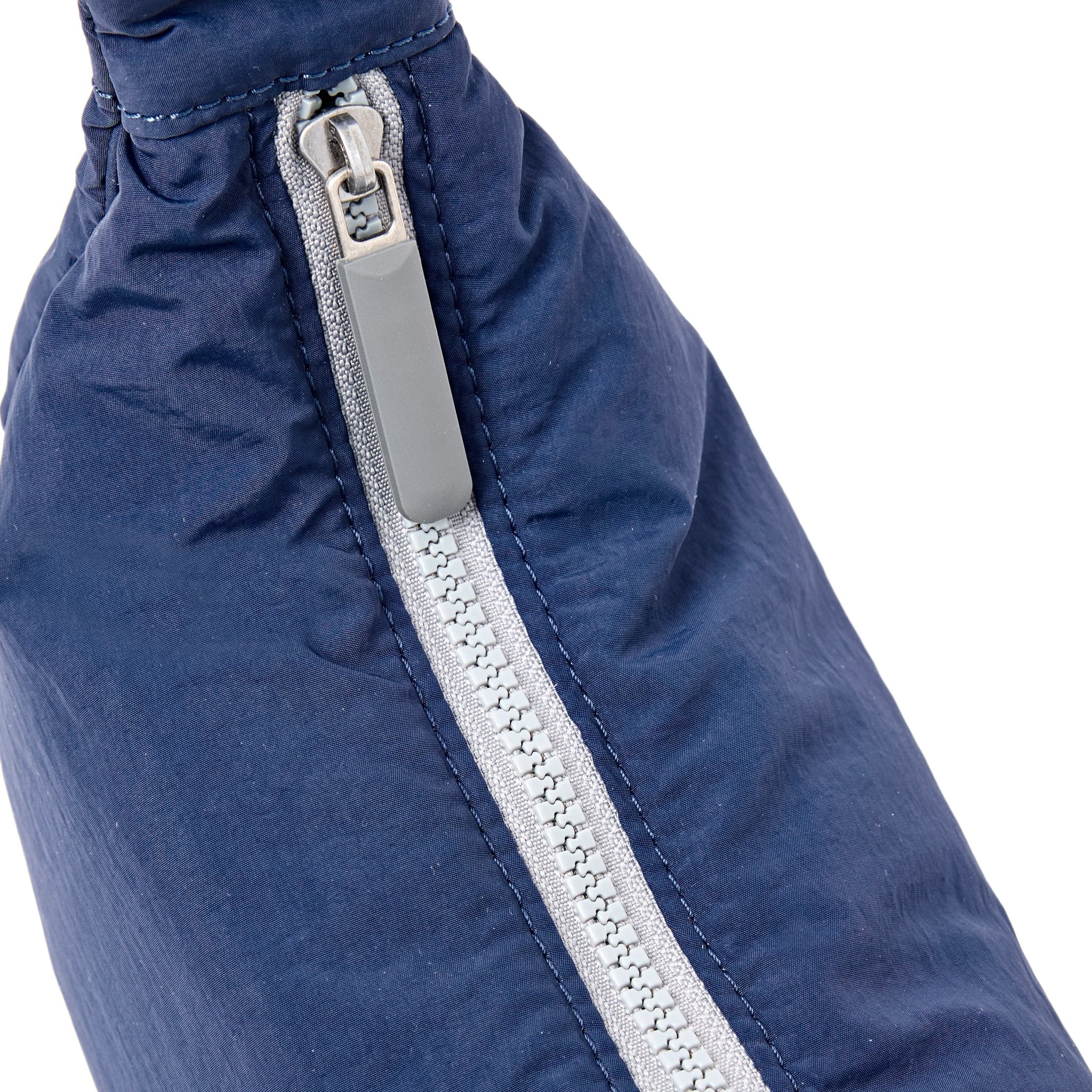 Roka Farringdon Deep Cobalt Recycled Taslon Half Moon Bag, zip detail.