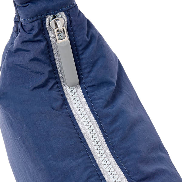 Roka Farringdon Deep Cobalt Recycled Taslon Half Moon Bag, zip detail.