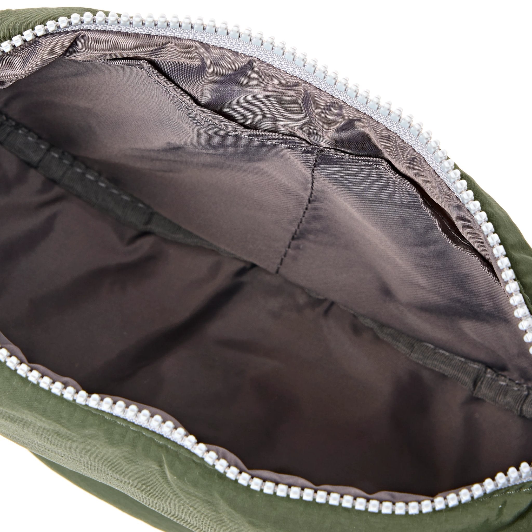 Roka Farringdon Olive Recycled Taslon Half Moon Bag, side view.