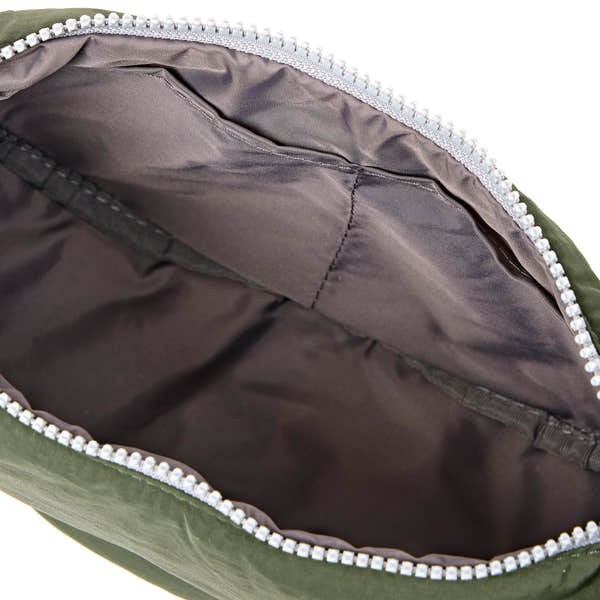 Roka Farringdon Olive Recycled Taslon Half Moon Bag, side view.