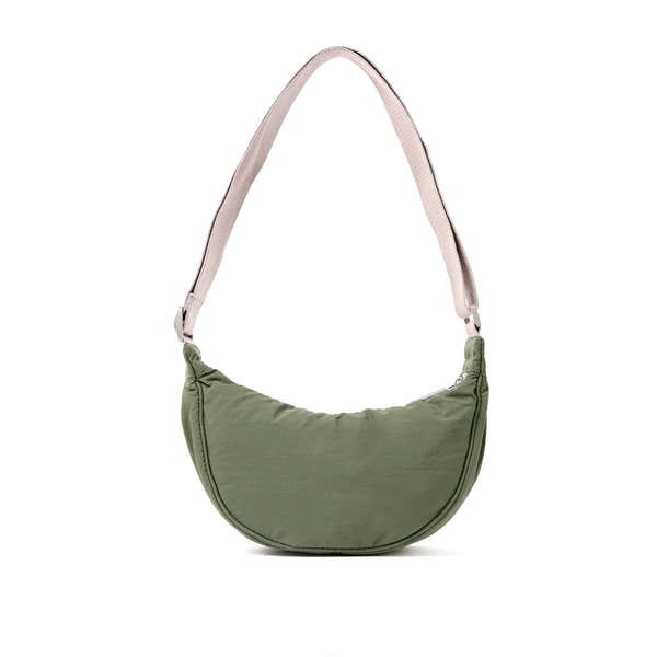 Roka Farringdon Olive Recycled Taslon Half Moon Bag, back view.