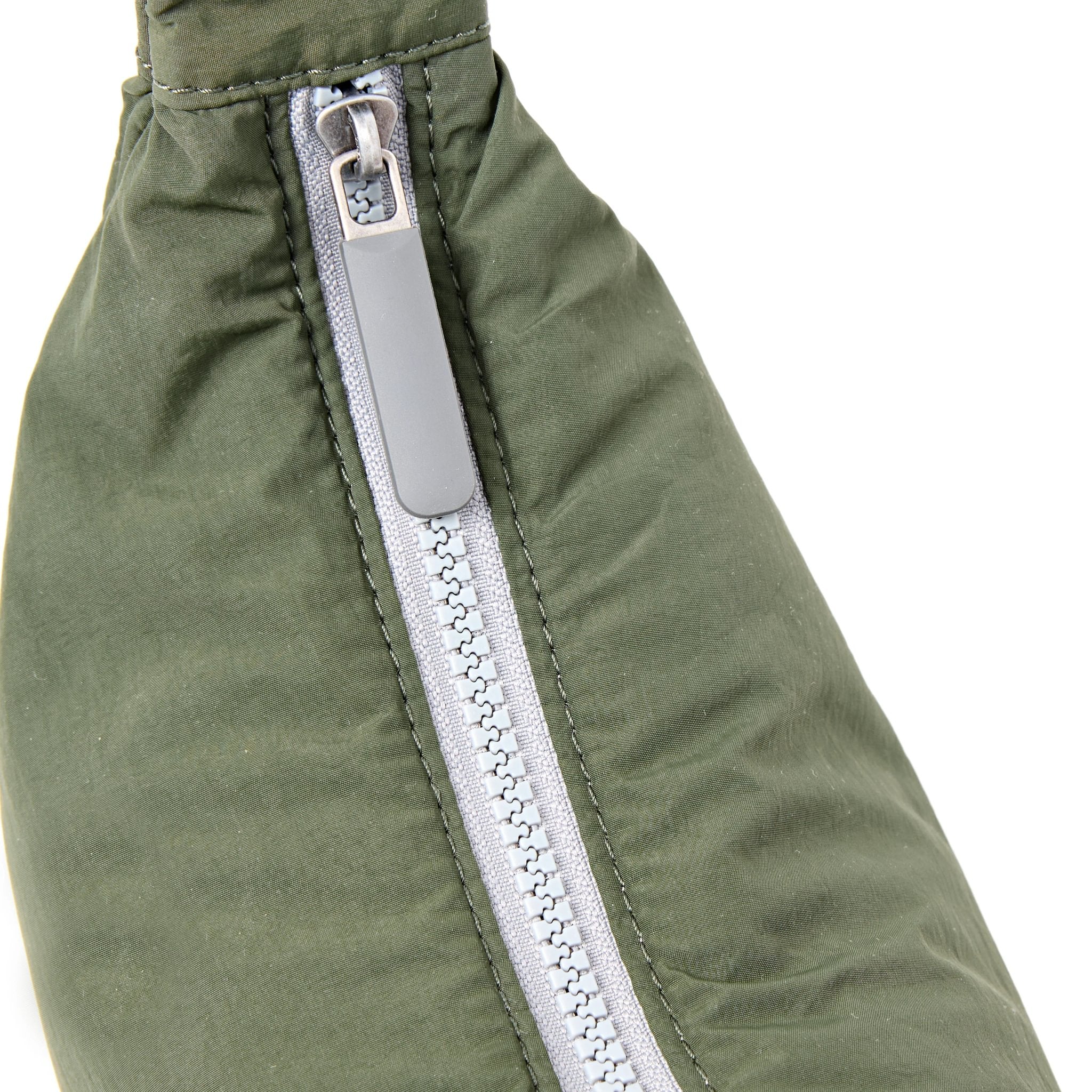 Roka Farringdon Olive Recycled Taslon Half Moon Bag, zip detail.