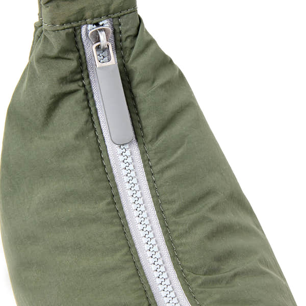 Roka Farringdon Olive Recycled Taslon Half Moon Bag, zip detail.