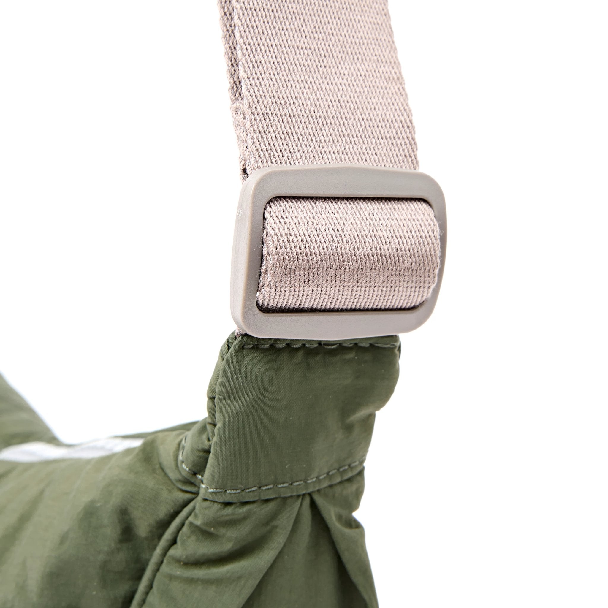 Roka Farringdon Olive Recycled Taslon Half Moon Bag, hardware detail.