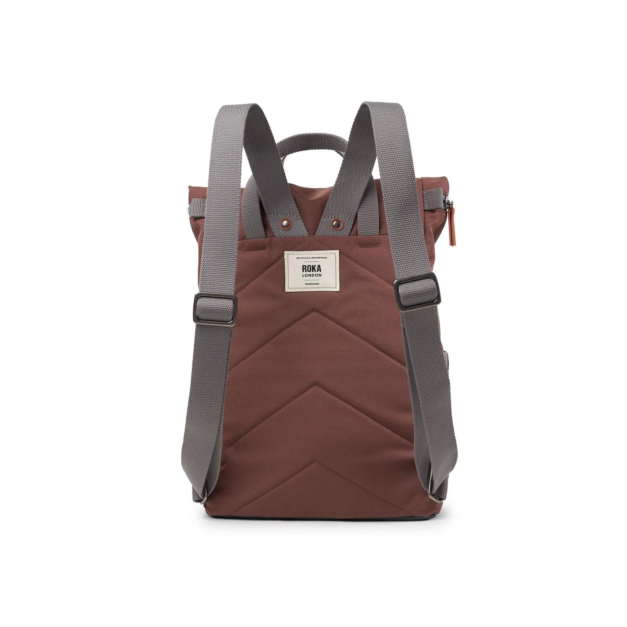 Roka Finchley A Coco recycled canvas backpack with grey adjustable straps and front label, stylish and eco-friendly design.