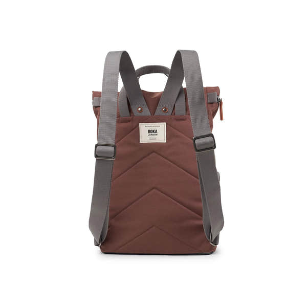 Roka Finchley A Coco recycled canvas backpack with grey adjustable straps and front label, stylish and eco-friendly design.