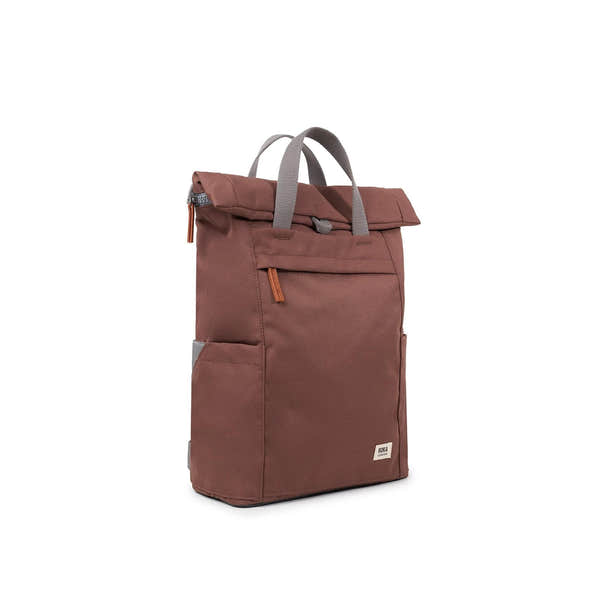 Roka Finchley A Coco recycled canvas backpack with front zip pocket and gray handles on a white background.