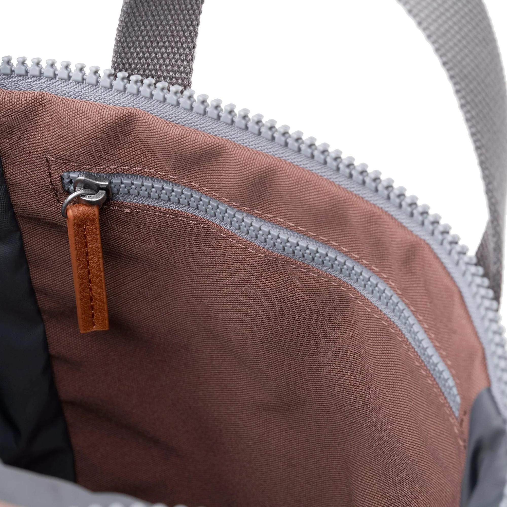 Roka Finchley A Coco recycled canvas tote bag interior with zip pocket and leather pull tab.