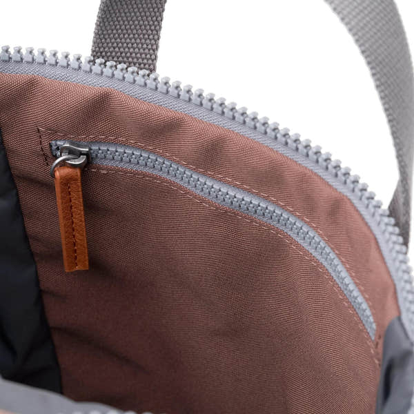 Roka Finchley A Coco recycled canvas tote bag interior with zip pocket and leather pull tab.