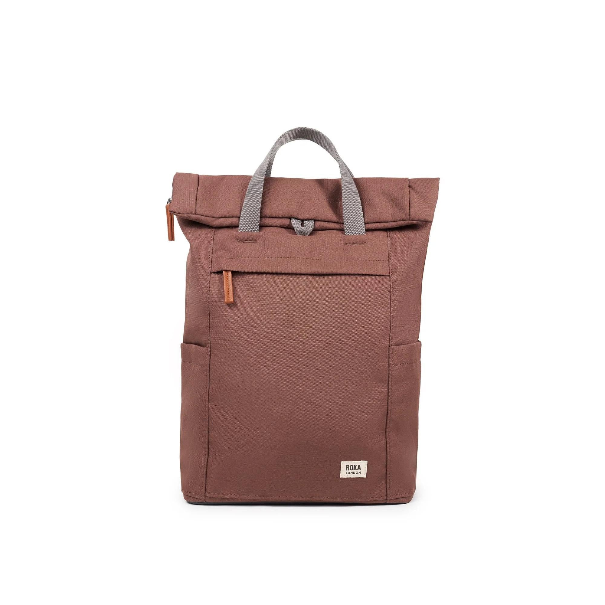 Roka Finchley A Coco recycled canvas backpack with grey handles and front zip pocket, stylish sustainable bag for everyday use.