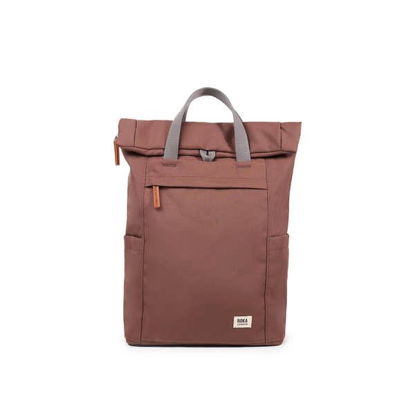 Roka Finchley A Coco recycled canvas backpack with grey handles and front zip pocket, stylish sustainable bag for everyday use.