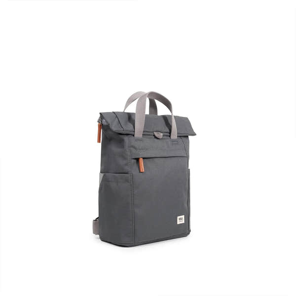 Roka Finchley A Faded Black Recycled Canvas backpack with grey straps and leather accents, compact and stylish.