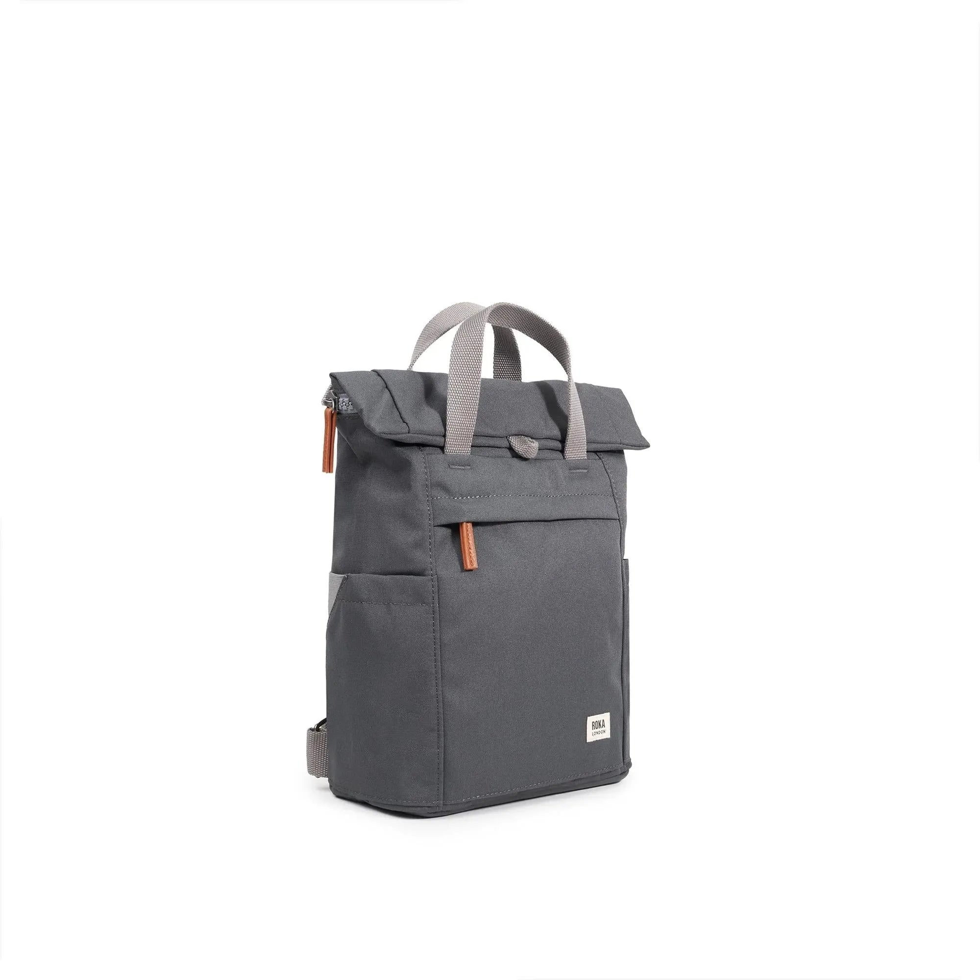 Roka Finchley A Faded Black Recycled Canvas backpack with grey straps and leather accents, compact and stylish.