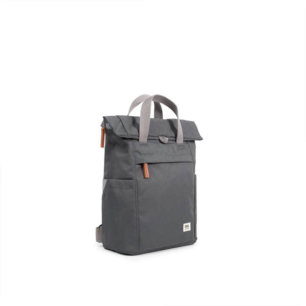 Roka Finchley A Faded Black Recycled Canvas backpack with grey straps and leather accents, compact and stylish.