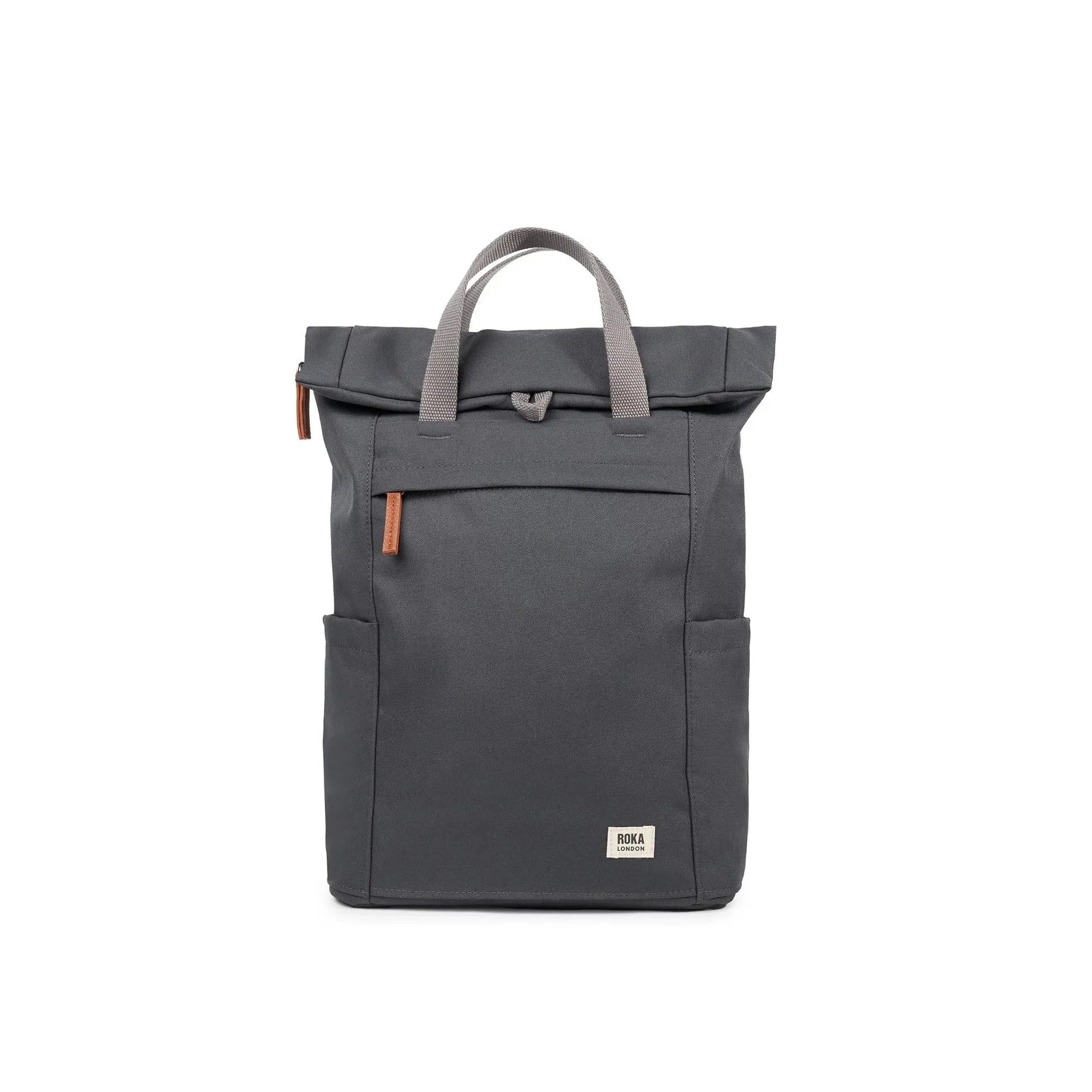 Roka Finchley A Faded Black Recycled Canvas backpack with front zip pocket and top handle, stylish and eco-friendly.