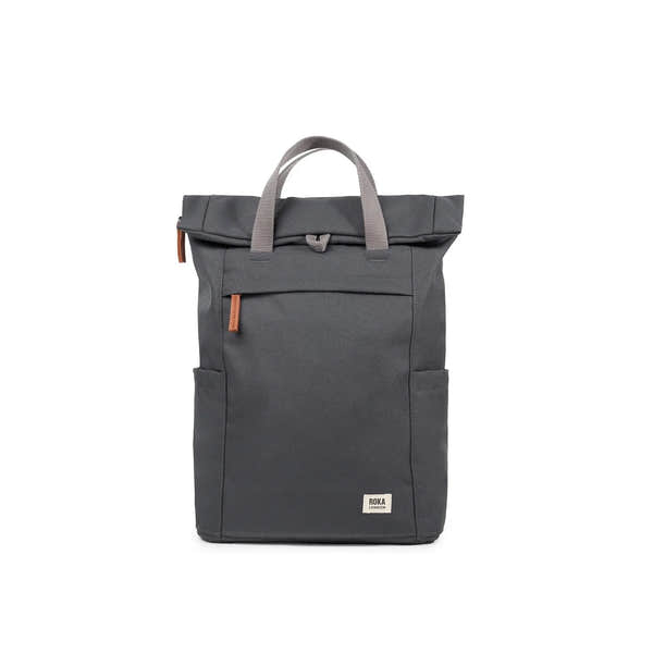 Roka Finchley A Faded Black Recycled Canvas backpack with front zip pocket and top handle, stylish and eco-friendly.