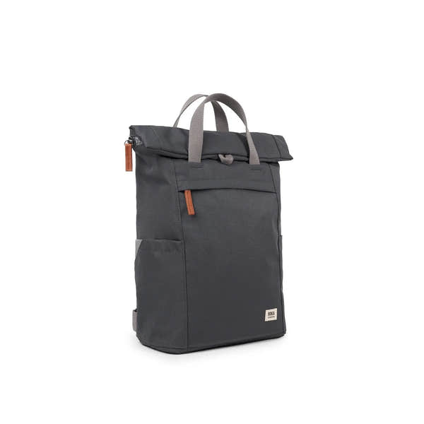 Roka Finchley A Faded Black Recycled Canvas backpack with padded shoulder straps and front zip pocket.
