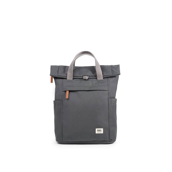 Roka Finchley A Faded Black Recycled Canvas backpack with beige handles and front pocket.
