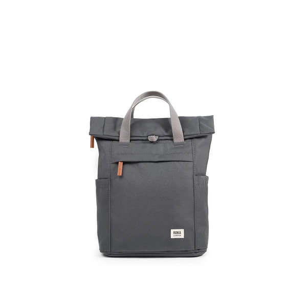 Roka Finchley A Faded Black Recycled Canvas backpack with beige handles and front pocket.