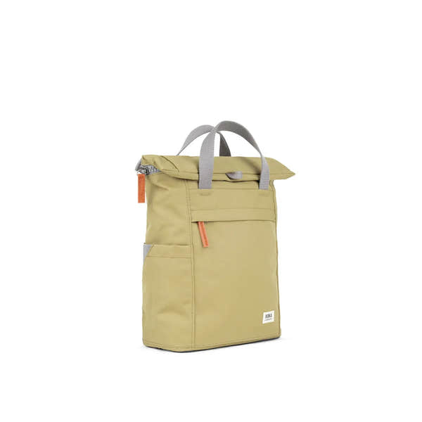 Roka Finchley A Khaki Recycled Canvas Tote Bag with gray handles and orange accents, eco-friendly design for everyday use.