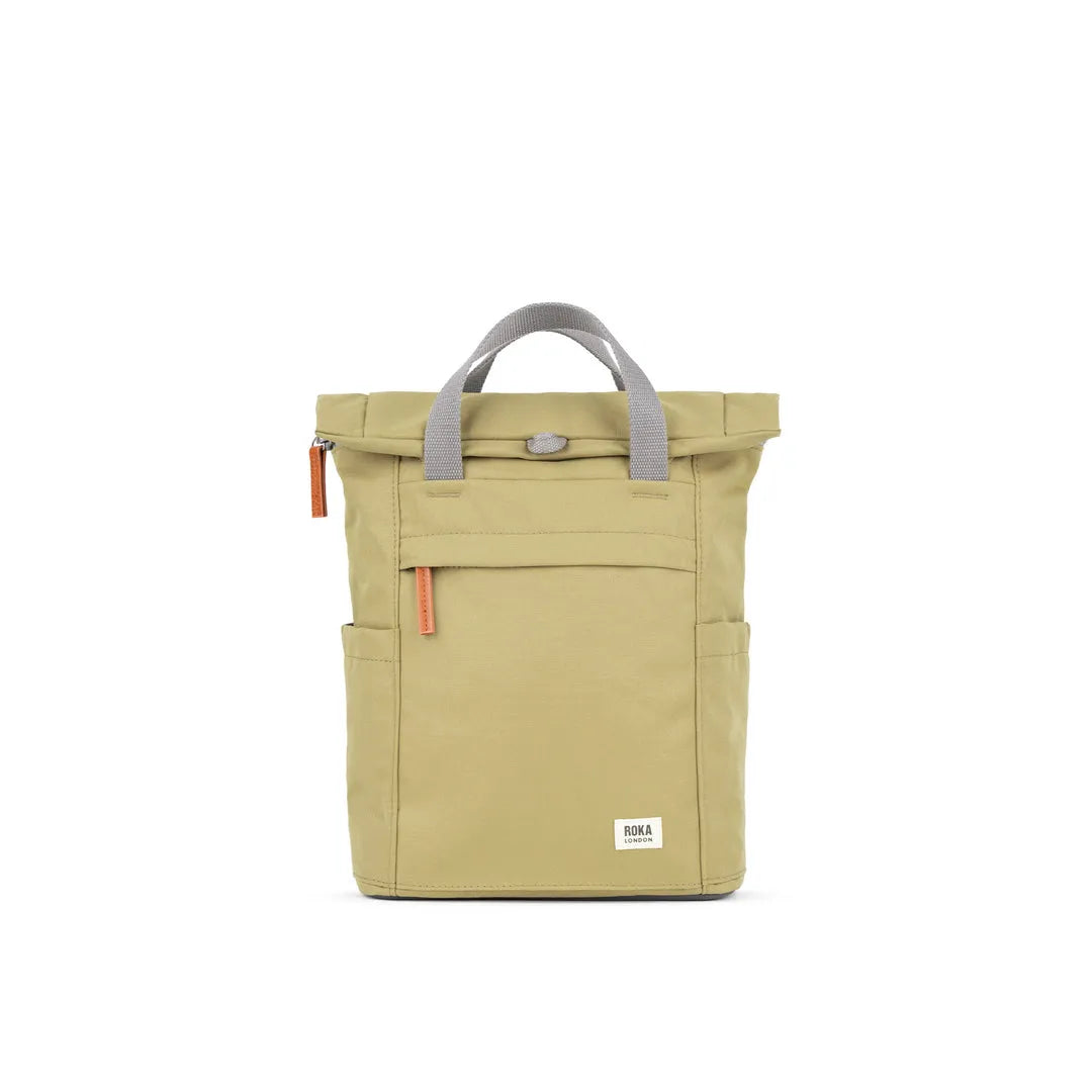 Roka Finchley A Khaki Recycled Canvas tote bag with gray handles and orange accents, compact design, front pocket, and minimalist style.