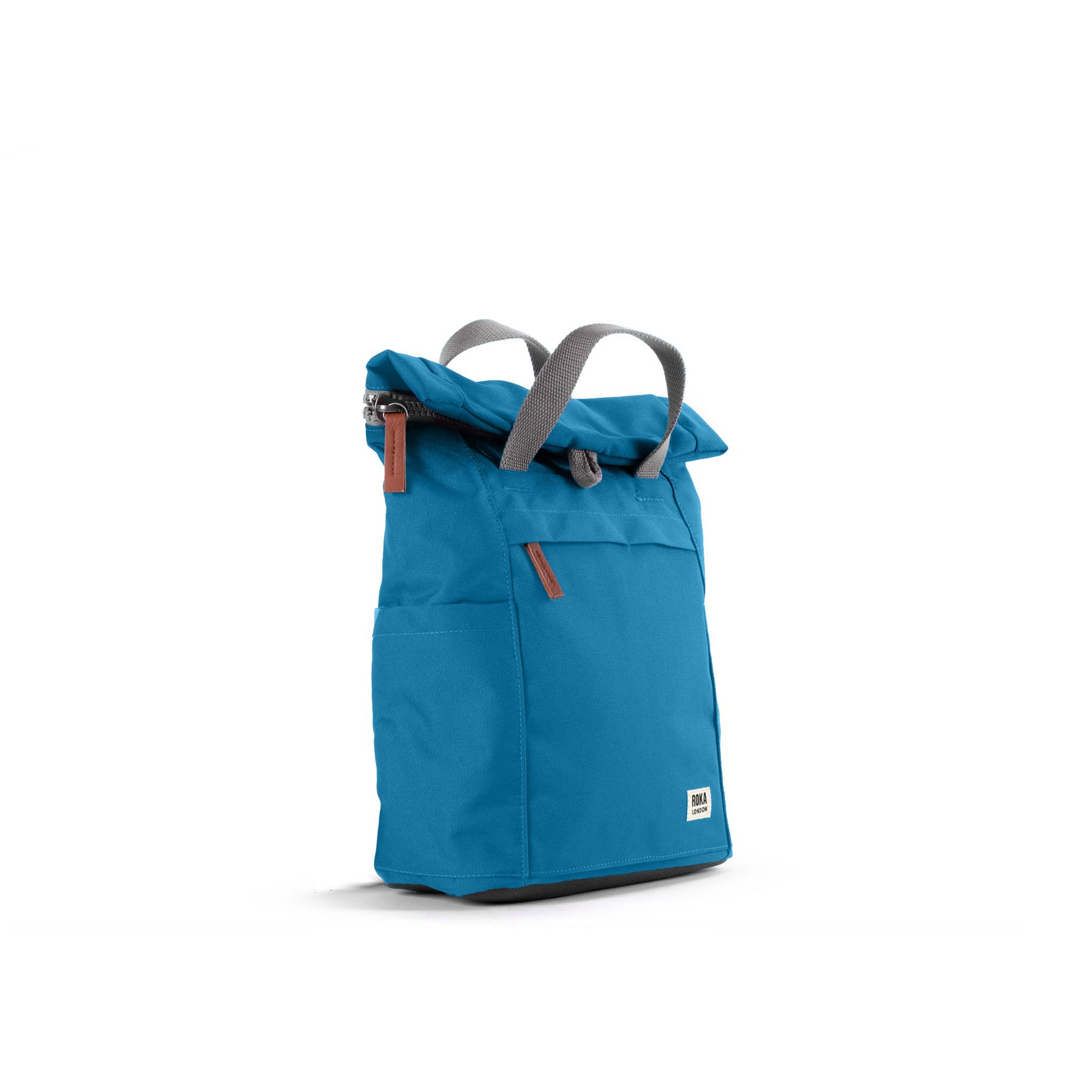 Roka Finchley A Marine recycled canvas backpack in blue with gray handles and brown zipper pulls.