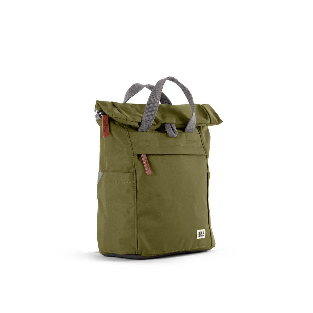 Roka Finchley A Moss Recycled Canvas backpack with gray straps and red zipper pulls, eco-friendly, durable, stylish travel bag.