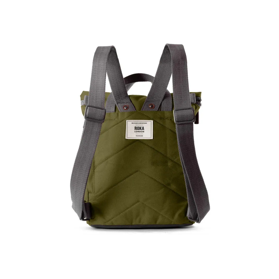 Roka Finchley A Moss recycled canvas backpack with grey adjustable straps and front label, eco-friendly and stylish.