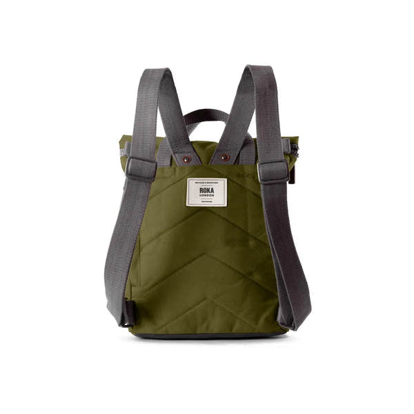 Roka Finchley A Moss recycled canvas backpack with grey adjustable straps and front label, eco-friendly and stylish.